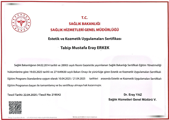 Dr. Mustafa Eray Erkek'in Estetik ve Kozmetik Uygulamaları Sertifikası
