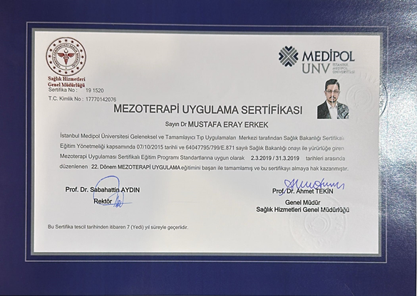 Dr. Mustafa Eray Erkek'in Mezoterapi Uygulama Sertifikası