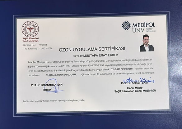 Dr. Mustafa Eray Erkek'in Ozon Uygulama Sertifikası